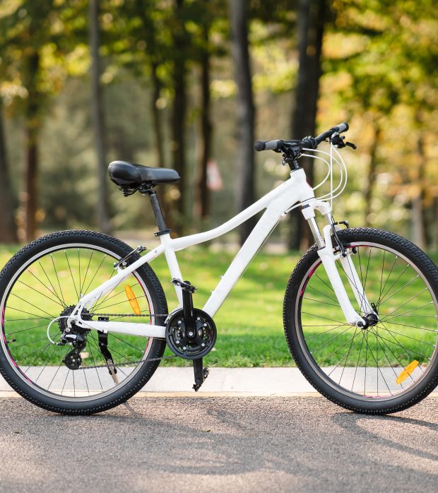 White bicycle standing in park. Morning fitness, loneliness. Outdoors.