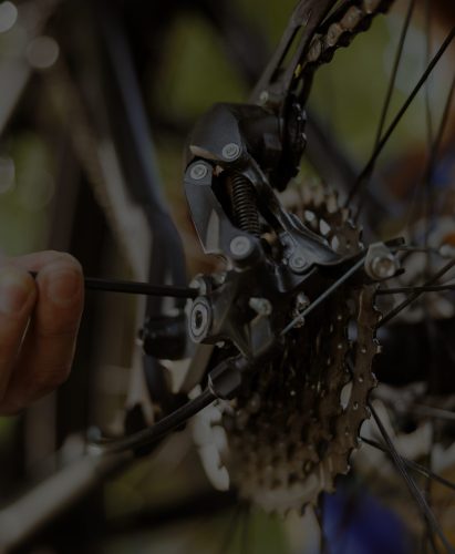 Closeup of person repairing bicycle parts with professional tool in home yard. Detailed shot of bike rear derailleur and cogset being repaired and adjusted using specialized barrel adjuster.